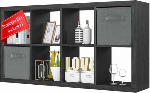 Vista 30 de Estantería con contenedor de almacenamiento, organizador de almacenamiento de 6 cubos, estantería abierta de madera moderna, estante de cubículos