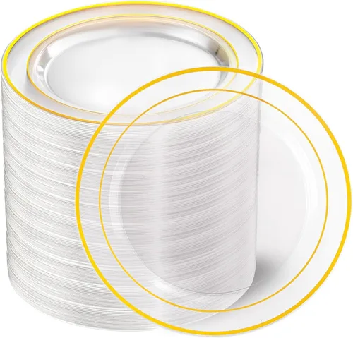 Vista 10 de I00000 60pcs 7" platos de postre de plástico de oro transparente, platos de Platos de plástico transparente con borde dorado, platos desechables