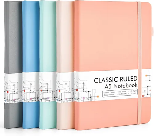 Vista 28 de feela Paquete de 5 cuadernos a granel, cuadernos de tapa dura clásicos rayados con soporte para bolígrafo para mujeres y niñas, suministros