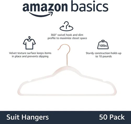 Vista 8 de Amazon Basics Perchas de terciopelo delgadas antideslizantes para trajes, paquete de 50, rosa rubor/oro rosa