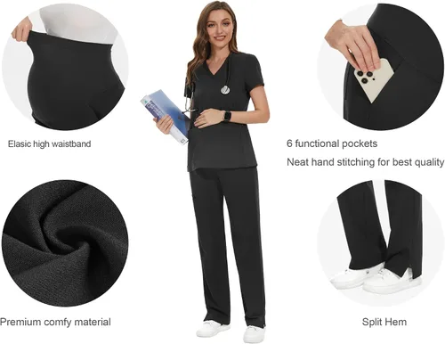Vista 2 de POSHGLAM Pantalones médicos de maternidad para mujer, pantalones de trabajo, estilo casual, pantalones de embarazo, S-XXL