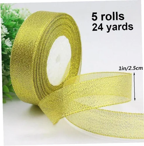 Vista 3 de Cinta dorada metálica con purpurina, 5 rollos de cinta de tela para coser, adornos artesanales, cinta decorativa para envolver regalos