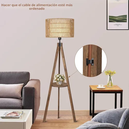 Vista 8 de LAMSU Lámparas de pie estilo bohemio con trípode para sala de estar, lámpara de pie de madera de ratán con pantallas de tela, lámpara de pie