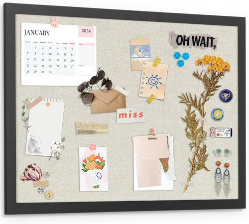 Vista 22 de AKTOP - Juego de 2 pizarras de corcho negro con lino de 16.7" X 11", pequeño tablero de anuncios con marco para pared, tablero decorativo