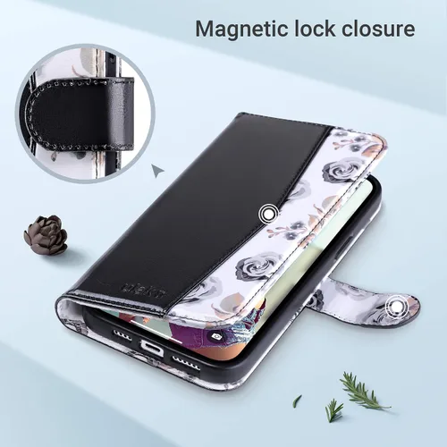 Vista 5 de ULAK Funda tipo cartera compatible con iPhone 15 Pro con tarjetero y diseño de flores, para mujeres y niñas, piel sintética, con función atril