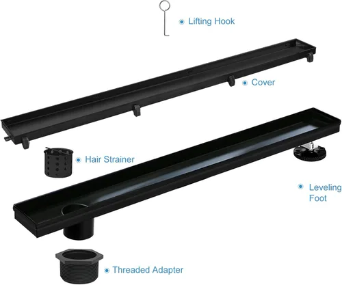 Vista 2 de Drenaje de ducha lineal de 24 pulgadas, cepillo de acero inoxidable 304 negro Offset Side Outlet,Easy to install,Tile-In Grate,Hair