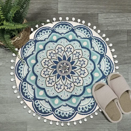 Vista 7 de Uphome Alfombra redonda pequeña de 2.3 pies, color azul, bohemia, con flecos de pompones, antideslizante, lavable, tapete de baño circular