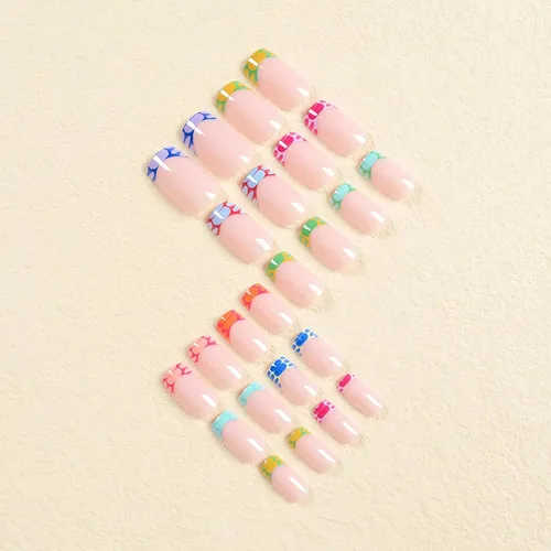 Vista 4 de MISUD Uñas Postizas Cortas Cuadradas - Uñas con Pegamento de Verano Colorido, Diseño de Arcoíris de Cocodrilo Acrílicas 24 piezas