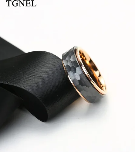 Vista 5 de Anillos de boda de titanio de 0.31 pulgadas (0.315in), anillos giratorios de cerámica negra martilladosfacetados para hombres, anillos giratorios