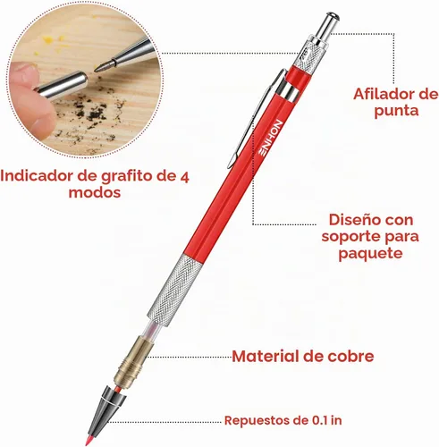 Vista 4 de Enhon Juego de 4 lápices de carpintero con sacapuntas, lápices mecánicos para carpintería con 36 repuestos, marcador de agujero profundo