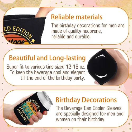 Vista 3 de Decoraciones de cumpleaños número 13, suministros y recuerdos de fiesta, fundas enfriadoras para latas de bebidas, paquete de 12, negro y dorado