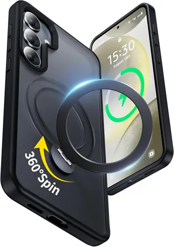 Vista 10 de Funda para Samsung Galaxy S24+ Plus, compatible con MagSafe, con soporte de anillo magnético giratorio de 360° [carga inalámbrica], soporte de Negro