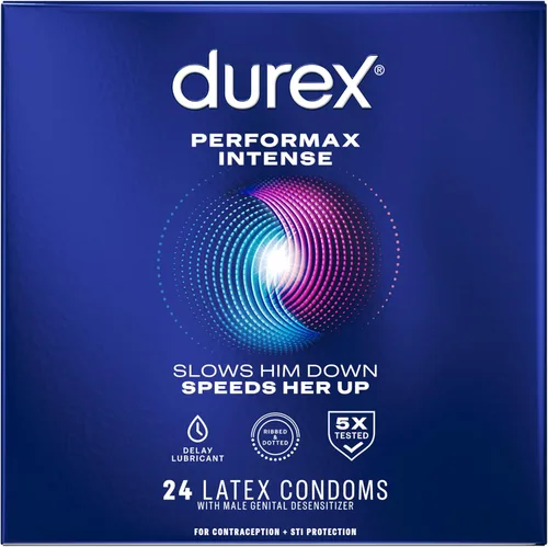 Vista 18 de Preservativos ultrafinos, acanalados, punteados con lubricante retardante, Durex Performax Intense - Preservativos de látex de goma natural, 12