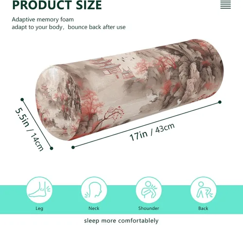 Vista 3 de Yuiboo Estilo de tinta china, almohada decorativa roja, almohada para el cuello, almohada redonda decorativa, cubierta de cilindro, soporte