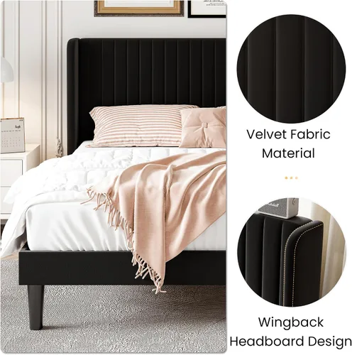 Vista 8 de SHA CERLIN Base de cama de terciopelo de tamaño matrimonial con cabecera capitoné de canal vertical, plataforma tapizada con listones de madera,