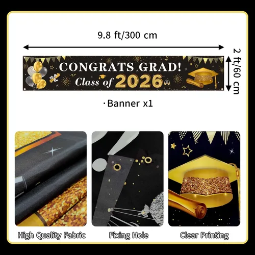 Vista 2 de Decoraciones de graduación 2026 Congrats Grad Class of 2026 - Cartel de graduación negro y dorado para patio, decoraciones colgantes para interiores