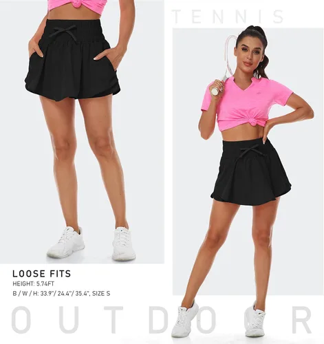 Vista 4 de MoFiz Pantalones cortos deportivos 2 en 1 para mujer, de secado rápido, cintura alta, casual, verano, entrenamiento, gimnasio, faldas con bolsillos