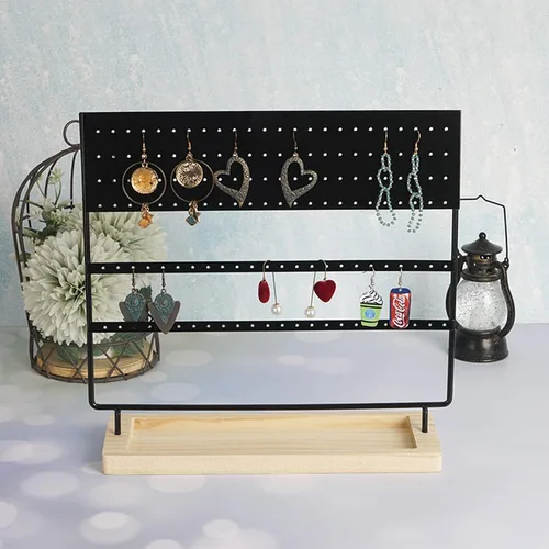 Vista 6 de Organizador de joyas para aretes, 3 niveles, 144 agujeros, organizador de aretes con bandeja de madera para aretes, collares y anillos