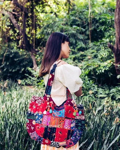 Vista 8 de Bolso de hombro grande colorido rojo para mujer, bolso de mano de mercado escolar, laptop, diario, casual, diario, cómodo, bohemio