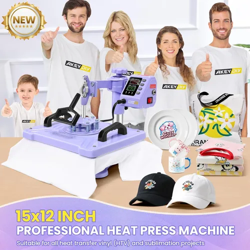 Vista 2 de AKEYDIY Prensa de calor, máquina de prensa de camisas de 15 x 12 pulgadas con accesorio de taza/plato/tapa, sombrero de impresión de camisa