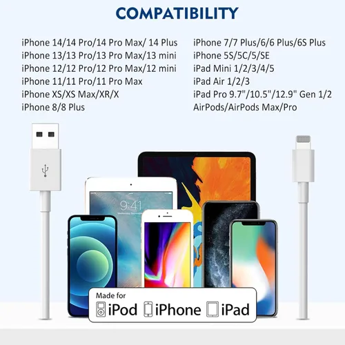 Vista 4 de Cargador para iPhone Apple, [Certificado Apple MFi] Paquete de 2 cables Lightning de carga rápida de 1 metro, cable de carga USB de pared, adaptador