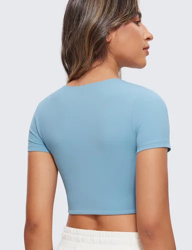 Vista 2 de CRZ YOGA Butterluxe - Camiseta corta de manga corta con doble forro para mujer, cuello redondo, casual, para entrenamiento, bonita camiseta básica