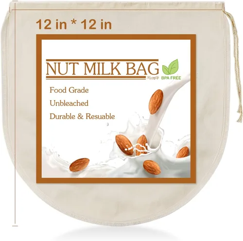 Vista 8 de 3 bolsas de leche de nuez de 12 x 12 pulgadas, 100% algodón sin blanquear, colador de alimentos reutilizable para colar leche de almendra/avena