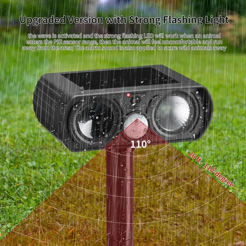 Vista 4 de Qualirey Paquete de 3 repelentes solares ultrasónicos de animales para exteriores, impermeable, defensor de gatos con detección de movimiento