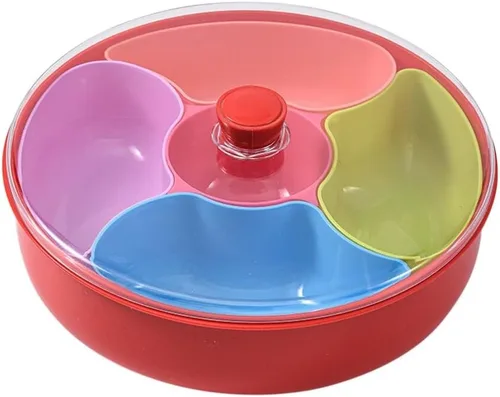 Vista 8 de Bandeja de plástico dividida para servir 5 compartimentos, bandeja para servir aperitivos con tapa y asa, platos reutilizables para servir