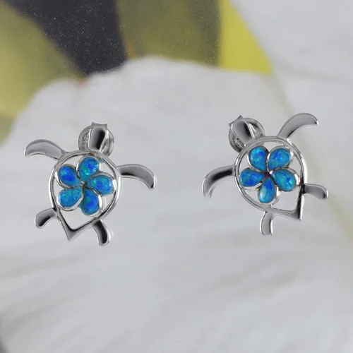 Vista 3 de Hermosos aretes hawaianos grandes de tortuga marina, de plata de ley, ópalo azul, plumeria, tortuga, E8901, Metal, ópalo azul