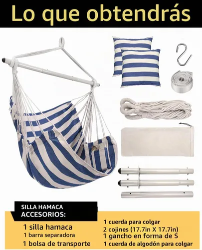 Vista 7 de ADVOKAIR - Silla tipo hamaca colgante grande, cómoda, suave y duradera, incluye 2 cojines de asiento 1 azul y blanco (con almohadas)