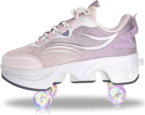 Vista 19 de Zapatos de patinaje para mujer, cuatro rondas, zapatos de patines de ruedas para niños que se convierten en patines de ruedas, zapatos ligeros al