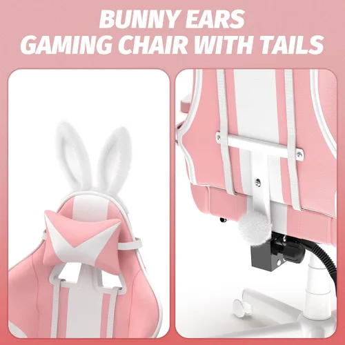 Vista 4 de Ferghana Kawaii Bunny Ears - Silla de juegos con reposapiés y masaje, silla ergonómica de cuero para juegos de computadora para niñas, adultos, Rosa