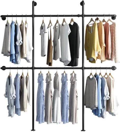 Vista 7 de Perchero Industrial de Tubería para Ropa de Montaje en Pared, Perchero Negro de Tubería para Ropa con 6 Varillas para Colgar, Perchero de Tubería