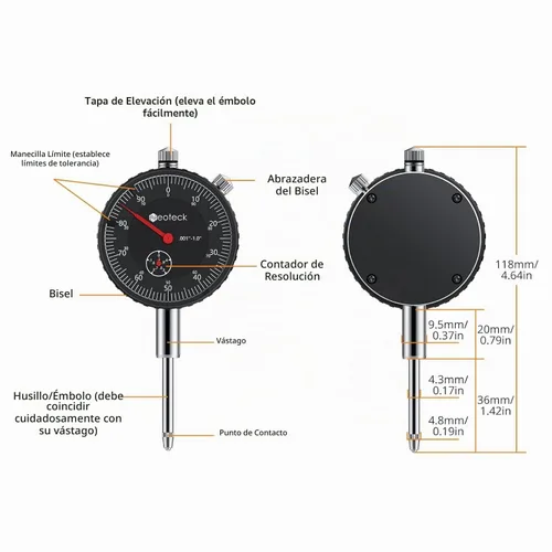 Vista 7 de Neoteck 0-1"/0.001" Dial Indicator and 176lbs (80kg) Max Pull Magnetic Base Calibre de descentralización con caja de almacenamiento, calibre de dial