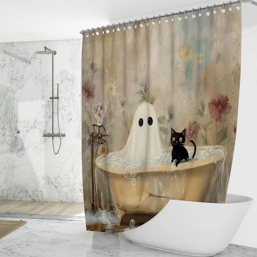 Vista 8 de Mocsicka Cortina de ducha de Halloween, diseño de gato fantasma, cortina de ducha para baño, academia oscura, bañera, juego de decoración de baño