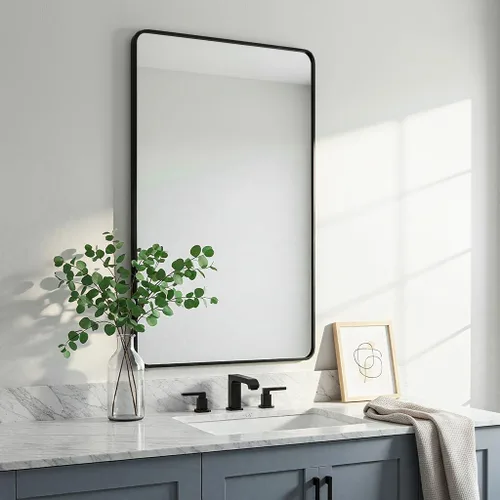 Vista 10 de LEDLUX Espejo de baño negro de 24 x 32 pulgadas, espejo sin cobre, marco de metal, espejo rectangular montado en la pared, espejo moderno