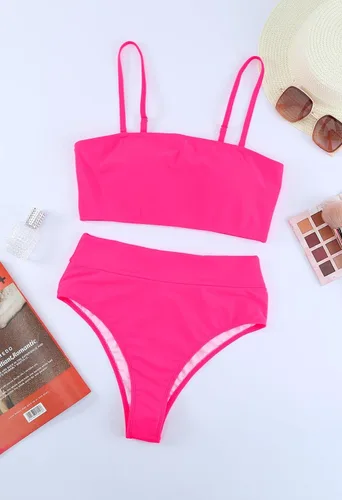 Vista 4 de Pink Queen - Traje de baño de dos piezas para mujer, de talle alto, atrevido, con tirantes y relleno removible para el busto