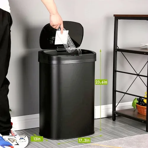 Vista 7 de Bote de basura de acero inoxidable con tapa, sensor automático, abre sin tocarlo, para cocina, baño, dormitorio, oficina, 13 galones (50 L)