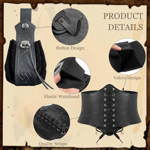 Vista 7 de SUMGOGO 5 piezas Cinturón de corsé Renacentista, cinturón medieval, bolsa de cinturón renacentista, botella de corcho de poción, accesorio de Negro