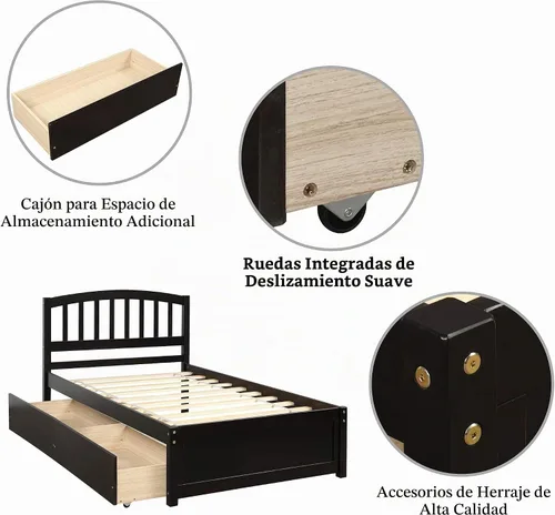Vista 8 de Harper & Bright Designs Cama de plataforma de madera tamaño individual con cajones de almacenamiento para ahorrar espacio, marco de cama vintage