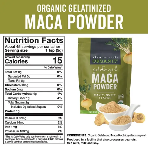 Vista 5 de Polvo de maca orgánico gelatinizado de Viva Naturals, 8 oz – Vegano, USDA orgánico, sin gluten, sin GMO, superalimento peruano en bolsa resellable