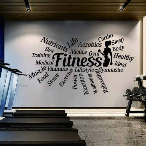 Vista 7 de Calcomanía de pared de fitness, 18 x 33 pulgadas, calcomanía motivacional de PVC con palabras como entrenamiento, alimentos, potencia, sueño