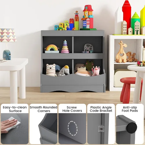 Vista 8 de Costzon Organizador de almacenamiento de juguetes, estantería para niños de 4 compartimentos con estribo y tarjeta de nombre, estantería de madera