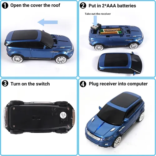 Vista 5 de elec Space Ratón inalámbrico con forma de coche para computadora, para PC portátil (azul)