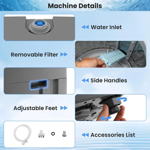 Vista 5 de Nictemaw Lavadora portátil de 17.8 libras, 2.4 pies cúbicos completamente automática con bomba de drenaje, 10 programas y 8 niveles de agua
