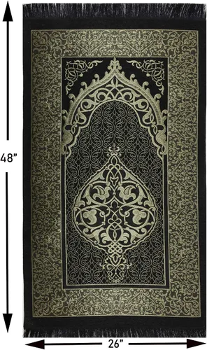 Vista 2 de Modefa Alfombra de oración de chenilla tejida musulmana, otomana negra + azul Felpa fina y tafetán turco intrincada metalizado otomano otomano