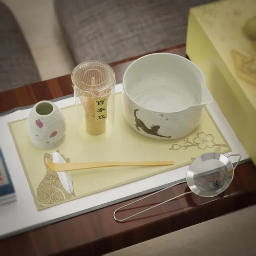 Vista 7 de Juego completo de 8 piezas de matcha – Kit de ceremonia de té matcha japonés con cuenco con estampado de gato, accesorios de bambú y herramientas