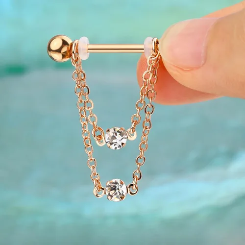Vista 5 de Cocharm Anillos de pezón de doble cadena de 0.49 oz, plata y oro, joyería de piercing de acero inoxidable 316L para mujer