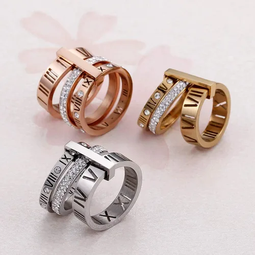 Vista 4 de Anillo de acero inoxidable con circonita cúbica y número romano para mujer, 3 en 1, anillos de boda Trinity